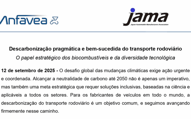 O documento apresenta a estratégia conjunta da Anfavea e da JAMA para a descarbonização do transporte por meio de múltiplas tecnologias.